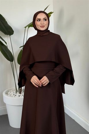 Coralie Pelerinli Mevlana Elbise Kahverengi