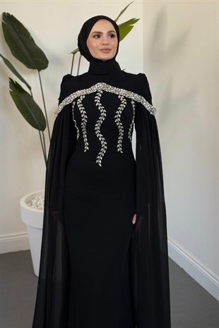 Bellune Taşlı Kalem Pelerinli Abiye Siyah