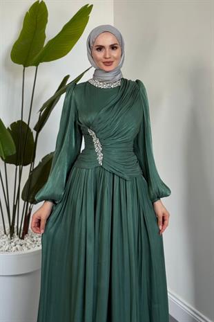 Corlie Beli Taşlı Drapeli Jan Jan Abiye Yeşil