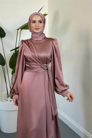 Crimson Rose Yandan Tokalı Saten Abiye Gül Kurusu