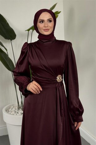 Crimson Rose Yandan Tokalı Saten Abiye Mürdüm
