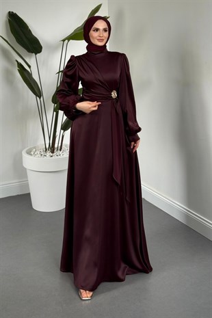 Crimson Rose Yandan Tokalı Saten Abiye Mürdüm