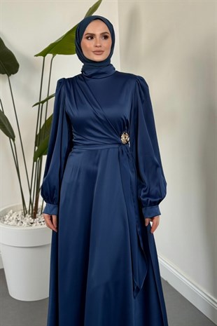 Crimson Rose Yandan Tokalı Saten Abiye İndigo