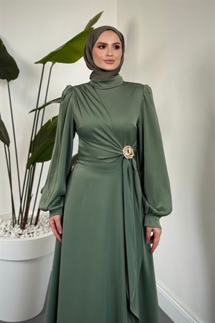 Crimson Rose Yandan Tokalı Saten Abiye Mint Yeşili