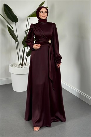 Crimson Rose Yandan Tokalı Saten Abiye Mürdüm