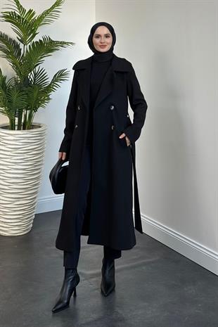 Darell Astarlı Düğmeli Kaban Siyah