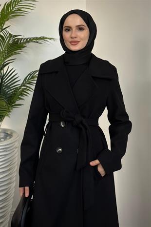 Darell Astarlı Düğmeli Kaban Siyah