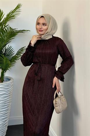 Daria Astarlı Kolları Fırfır Elbise Kahverengi