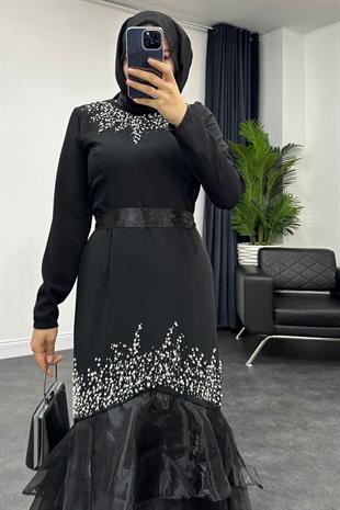 Davina Taşlı Eteği Tül Detaylı Abiye Siyah