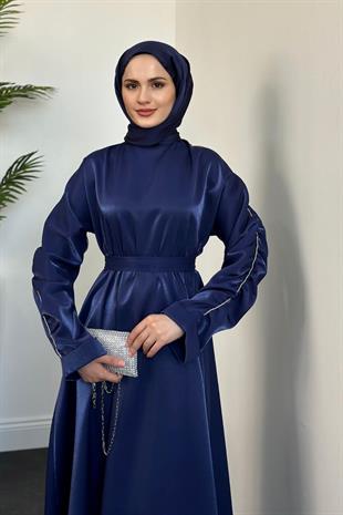Defne Kolları Taşlı Elbise Lacivert