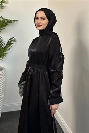 Defne Kolları Taşlı Elbise Siyah