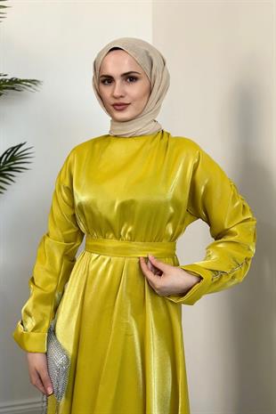 Defne Kolları Taşlı Elbise Yağ Yeşili