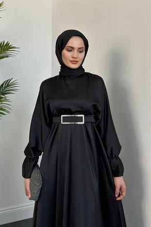 Della Kemerli Saten Elbise Siyah