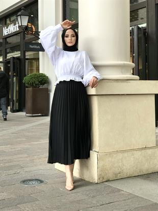 Deri Görünümlü Piliseli Krep Etek Siyah