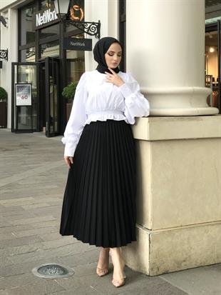 Deri Görünümlü Piliseli Krep Etek Siyah