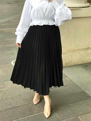 Deri Görünümlü Piliseli Krep Etek Siyah