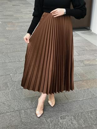 Deri Görünümlü Piliseli Krep Etek Kahverengi