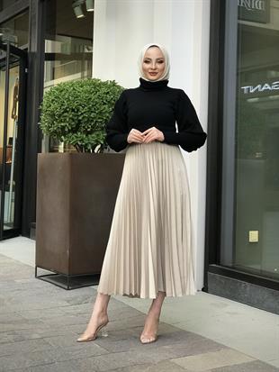 Deri Görünümlü Piliseli Krep Etek Krem