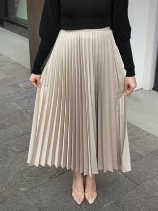 Deri Görünümlü Piliseli Krep Etek Krem