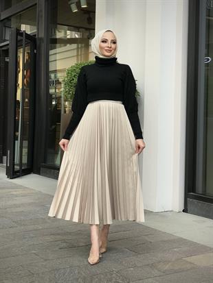 Deri Görünümlü Piliseli Krep Etek Krem