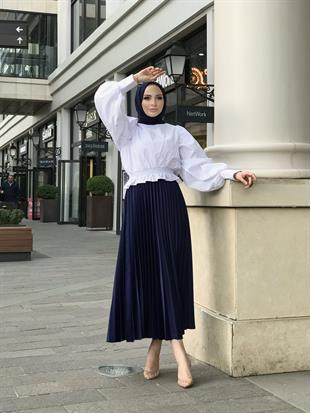 Deri Görünümlü Piliseli Krep Etek Lacivert