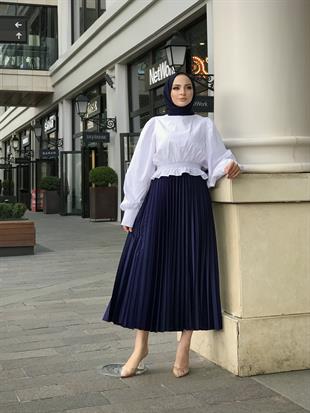 Deri Görünümlü Piliseli Krep Etek Lacivert