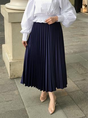 Deri Görünümlü Piliseli Krep Etek Lacivert