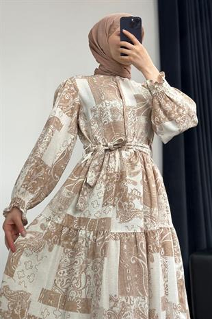 Desenli Keten Elbise Camel