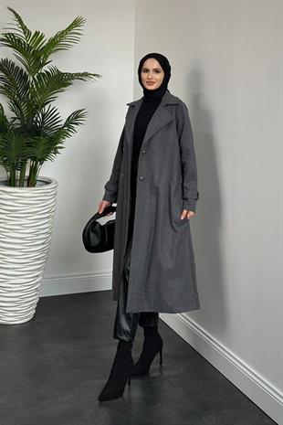 Desire Astarlı Düğmeli Kaşe Kaban Füme