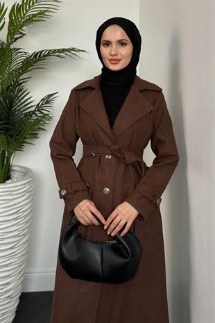 Desire Astarlı Düğmeli Kaşe Kaban Kahverengi