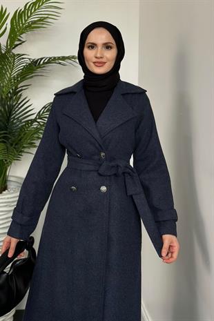 Desire Astarlı Düğmeli Kaşe Kaban Lacivert