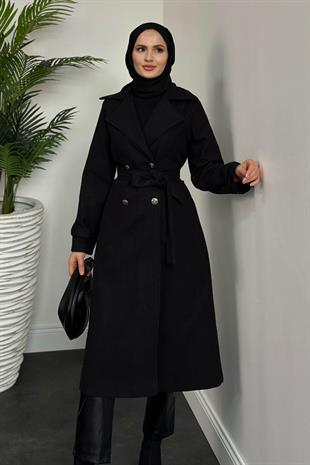 Desire Astarlı Düğmeli Kaşe Kaban Siyah