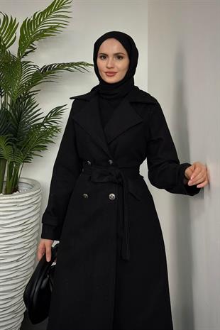 Desire Astarlı Düğmeli Kaşe Kaban Siyah