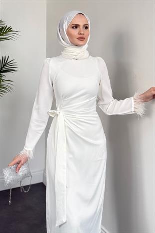 Diela Kolları Tüy Detay Abiye Beyaz