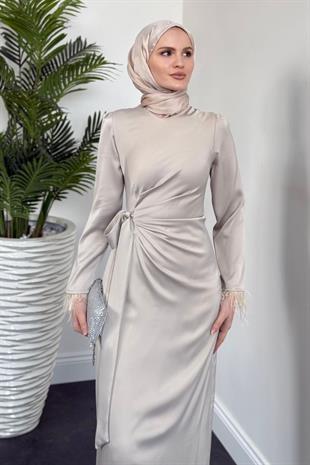 Diela Kolları Tüy Detay Abiye Krem