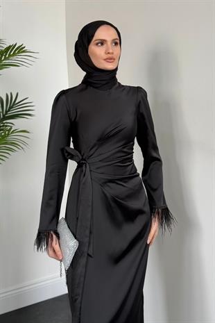 Diela Kolları Tüy Detay Abiye Siyah