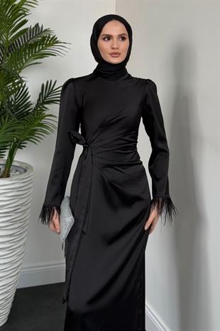 Diela Kolları Tüy Detay Abiye Siyah