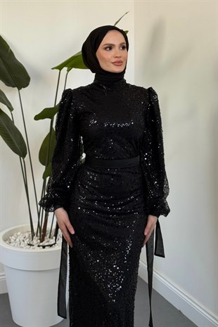 Dilafruz Kolları Fiyonk Abiye Siyah