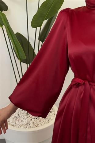 Dimitra Balon Kol Saten Elbise Bordo