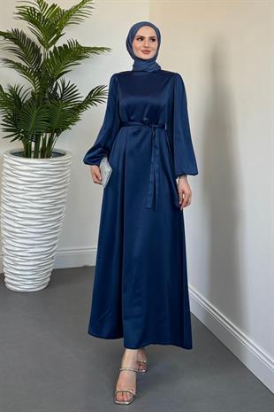 Dimitra Balon Kol Saten Elbise İndigo