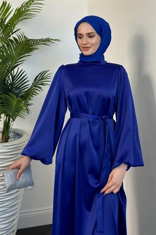 Dimitra Balon Kol Saten Elbise Saks