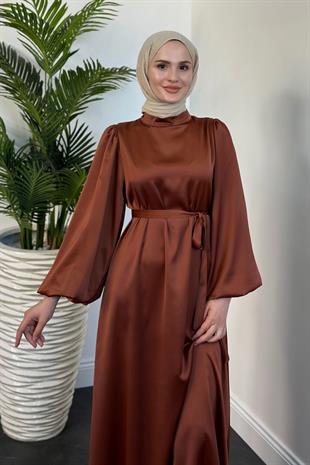 Dimitra Balon Kol Saten Elbise Taba