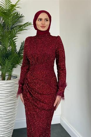 Dina Kuyruklu Taşlı Abiye Bordo