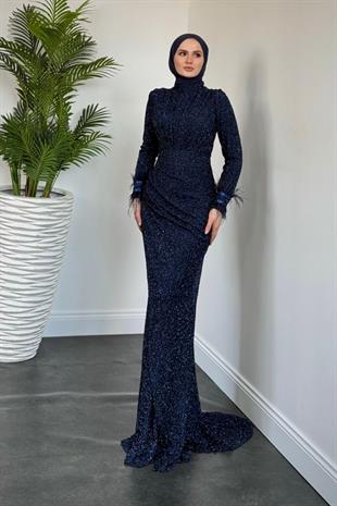 Dina Kuyruklu Taşlı Abiye Lacivert