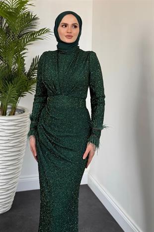 Dina Kuyruklu Taşlı Abiye Zümrüt