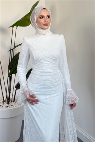 Dolphin Dantel Kolu Fırfır Abiye Beyaz