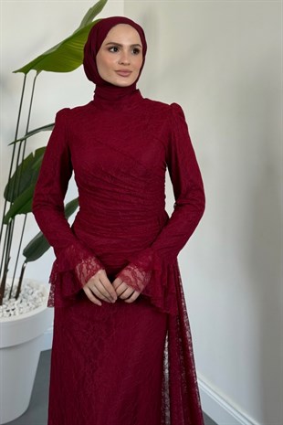 Dolphin Dantel Kolu Fırfır Abiye Bordo