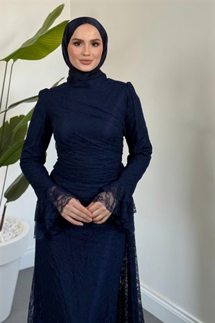 Dolphin Dantel Kolu Fırfır Abiye Lacivert