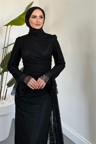 Dolphin Dantel Kolu Fırfır Abiye Siyah