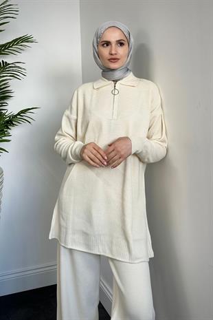 Dolunay Yarı Fermuarlı Triko Takım Krem